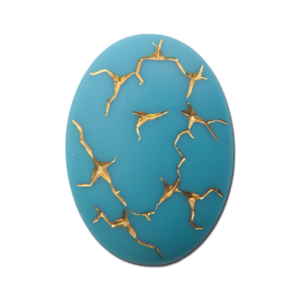 Vintage Matte Turquoise Blue with Gold Glass Cabochons Germany 25x18mm (1) cab453B