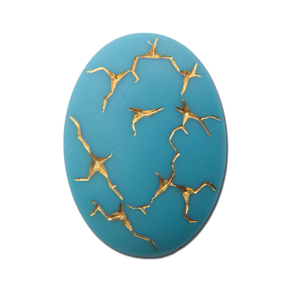 Vintage Matte Turquoise Blue with Gold Glass Cabochons Germany 25x18mm (1) cab453B