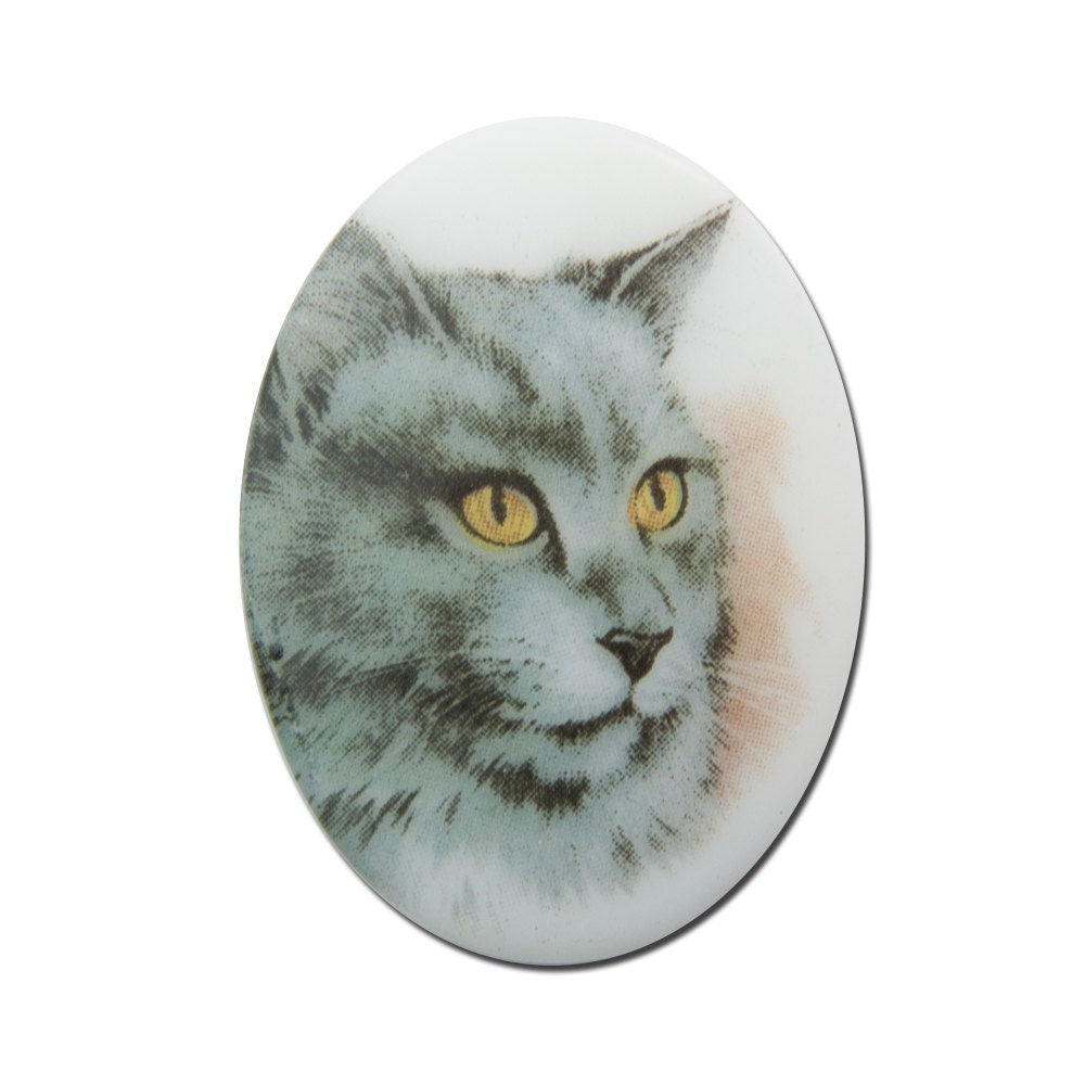 Vintage Glass Long Haired Light Gray Cat Cameo Cabochon 40x30mm (1) cab386H