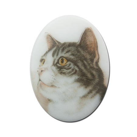 Vintage Glass Short Haired Gray Stripe Cat Cameo Cabochon 40x30mm (1) cab386L
