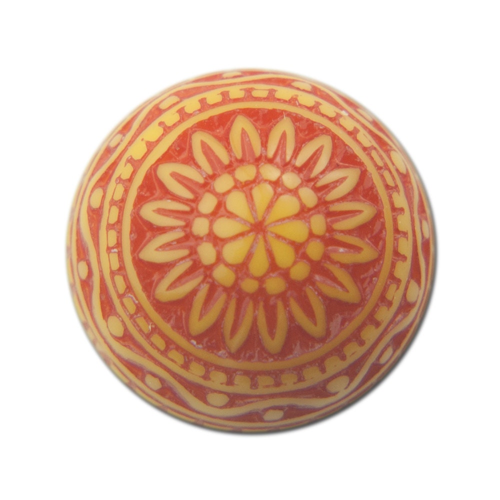 Vintage Acrylic Etched Mosaic Yellow Reddish Orange Cabochons 10mm (6) cab712C