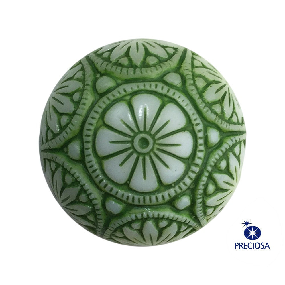 Vintage White Mosaic Glass Cabochons with Green 14mm (1) cab757C
