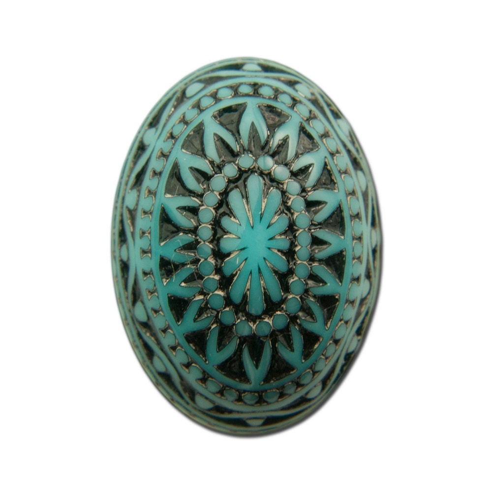 Vintage Etched Mosaic Turquoise Blue and Black Cabochons 25x18mm (2) cab715F