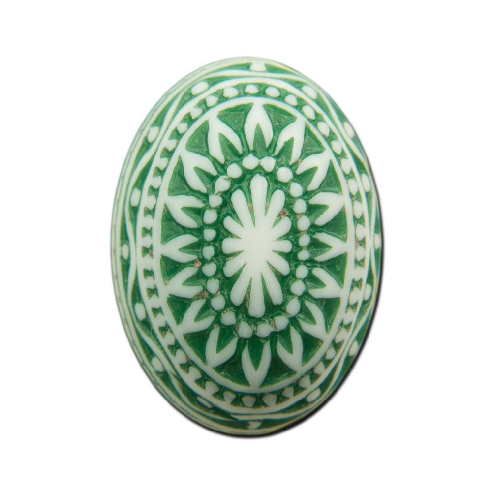Vintage Etched Mosaic Emerald Green and White Cabochons 25x18mm (2) cab715G