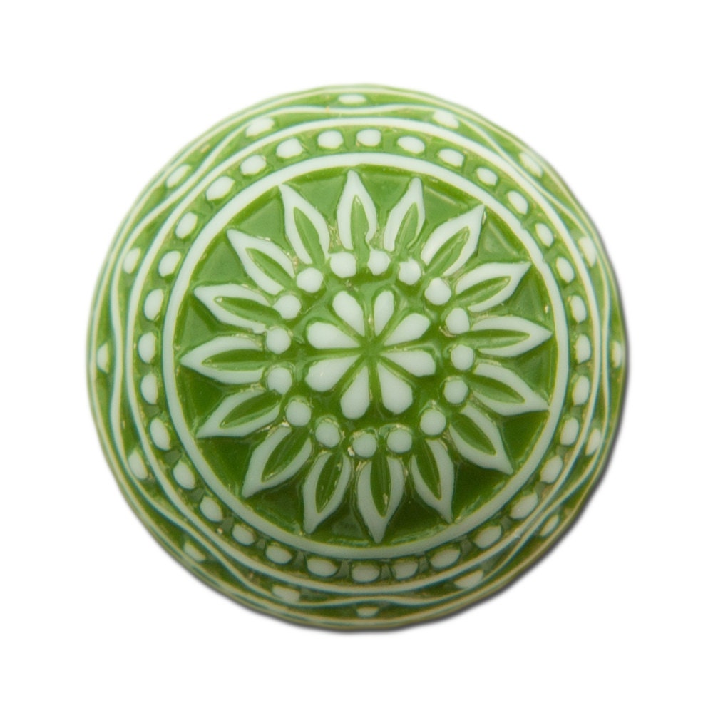 Vintage Etched Mosaic Green and White Cabochons 18mm (2) cab710G