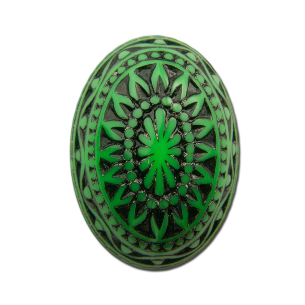 Vintage Etched Mosaic Green and Black Cabochons 25x18mm (2) cab715D
