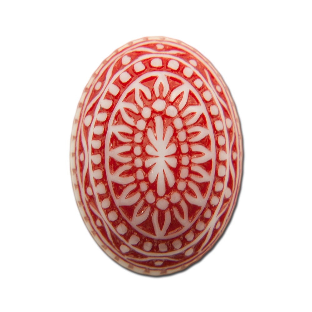 Vintage Etched Mosaic Red and White Cabochons 18x13mm (6) cab714