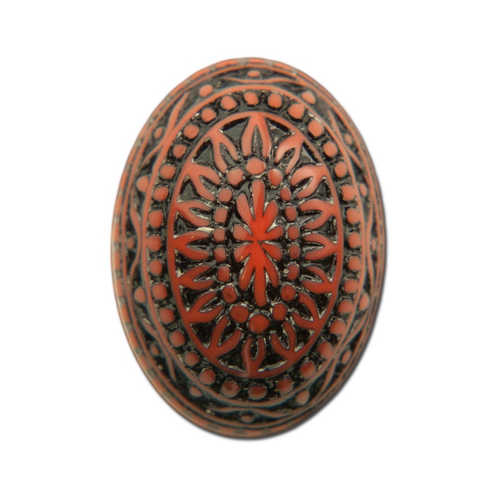 Vintage Etched Mosaic Design Orange and Black Cabochons 18x13mm (6) cab714F