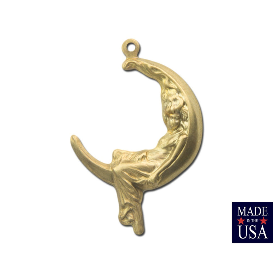 Raw Brass Lady On The Moon Charm Pendant Drop with Loop SM (6) chr189A
