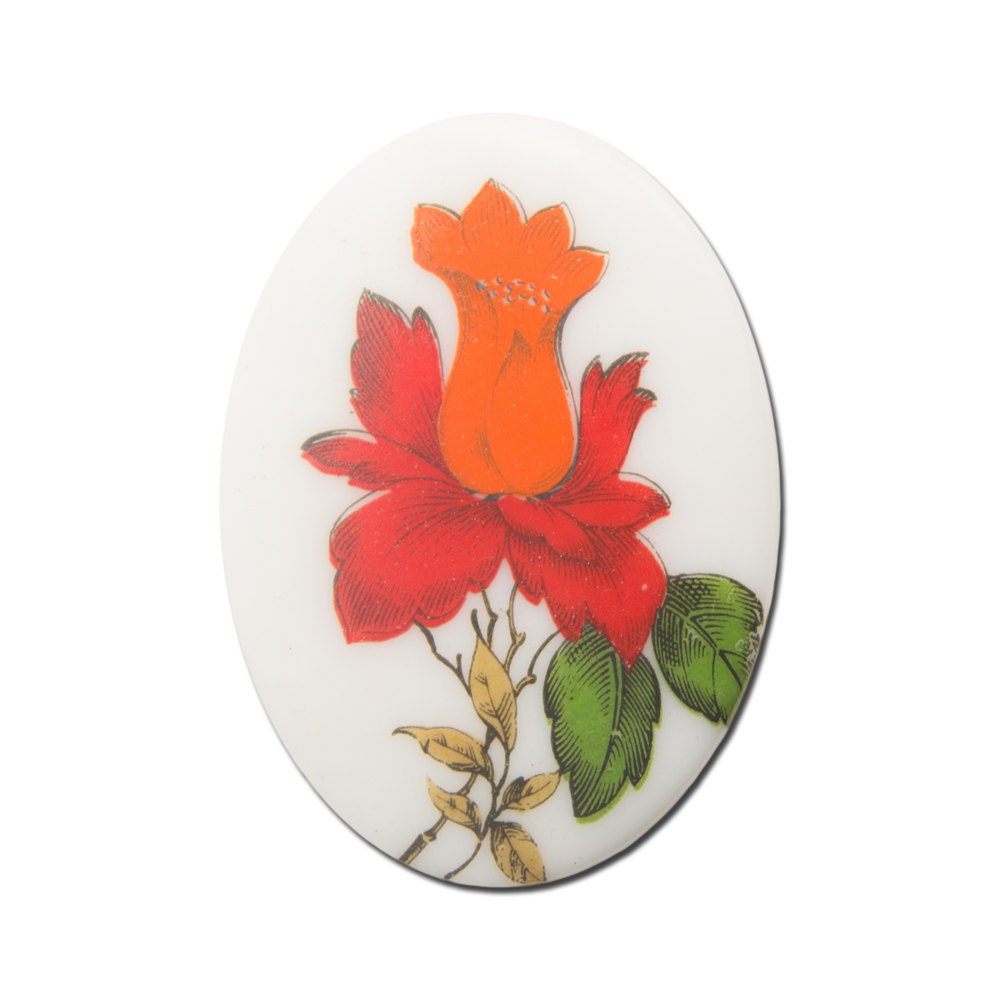 Vintage Red and Orange Glass Flower Cabochon Germany 40x30mm (1) cab747A