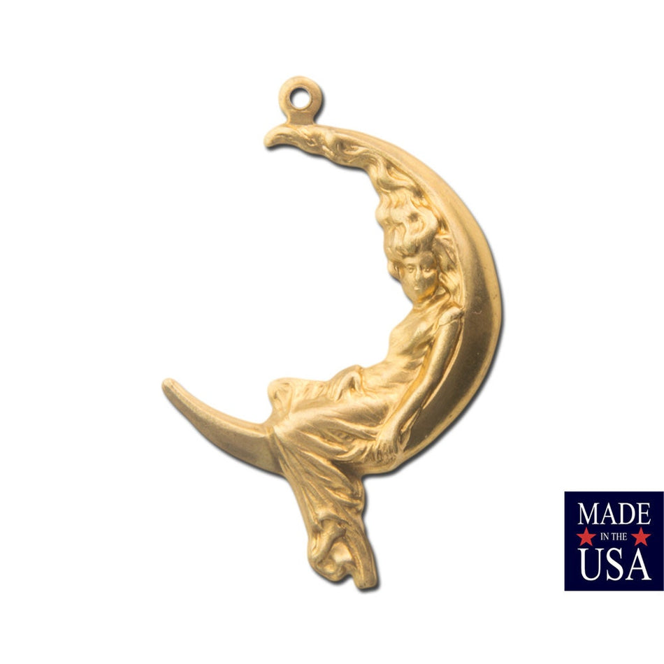 Raw Brass Lady On The Moon Charm Pendant Drop with Loop LG 37x25mm (4) chr189B