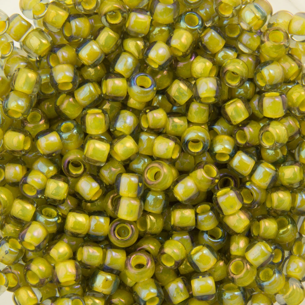 11/0 TOHO ROUND Inside Color Luster Black Diamond / Opaque Yellow Lined Seed Bead (8g)