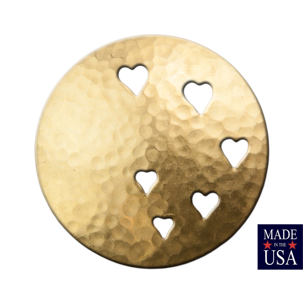 Raw Brass Hammered Dapped Domed Circle w/ Cutout Hearts 33mm (4) mtl489A