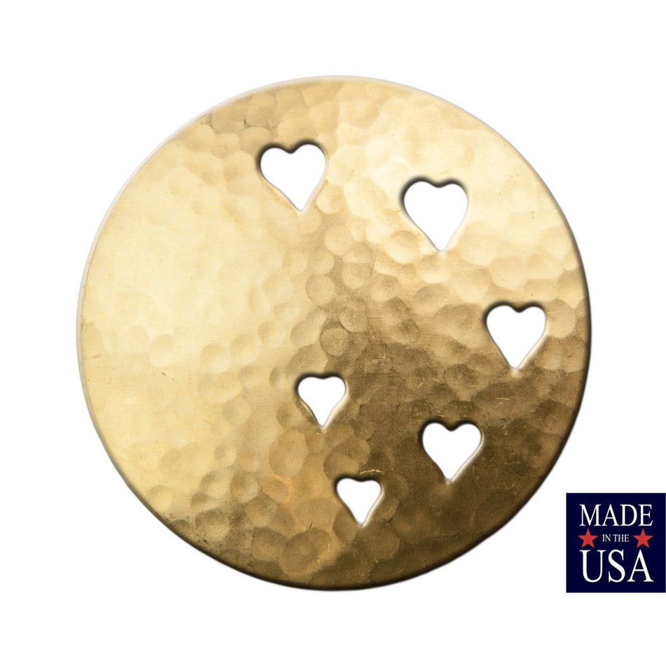 Raw Brass Hammered Dapped Domed Circle w/ Cutout Hearts 33mm (4) mtl489A