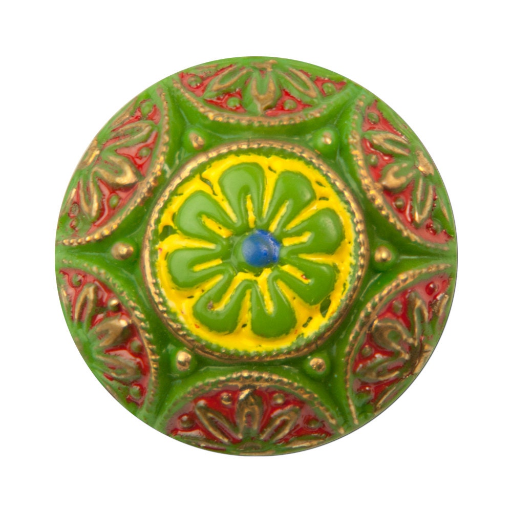 Vintage Green Mosaic Glass Cabochons with Red Yellow Gold 18mm (1) cab756U