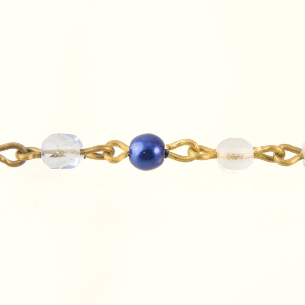 Blue Pearl Sapphire Clear Faceted Czech Glass Beaded Chain Raw Brass Links chn111