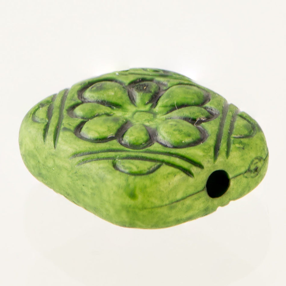 Grass Green Etched Floral Tablet Beads bds380