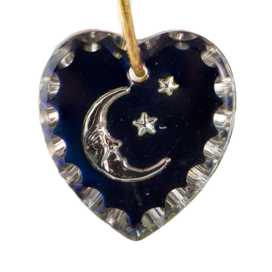 1 Hole Helio Blue Heart Etched Moon and Stars Glass Intaglio Pendant 15x14mm (2) int022B