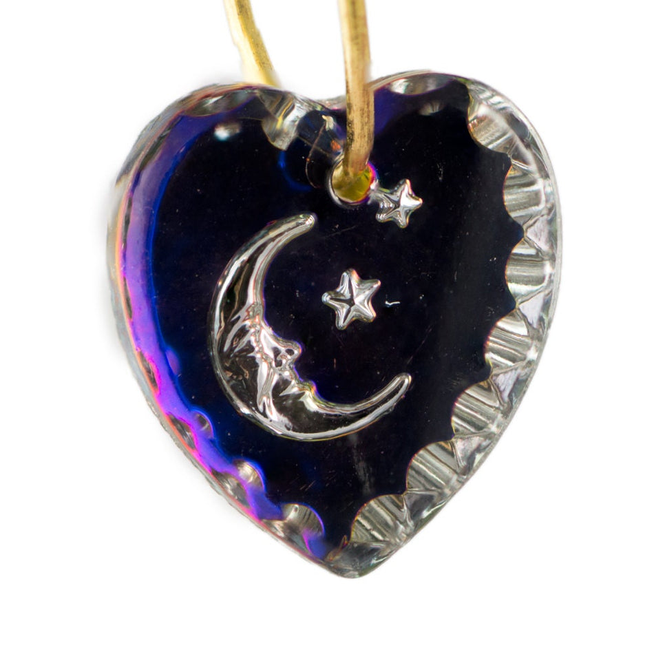 1 Hole Helio Blue Heart Etched Moon and Stars Glass Intaglio Pendant 15x14mm (2) int022B