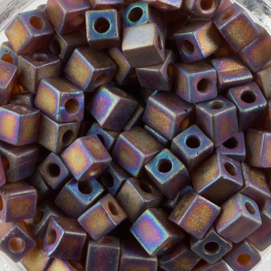 Transparent Frosted Rainbow Dark Amber Miyuki Cube Seed Bead 4mm 20gm Tube SB4-134FR-TB