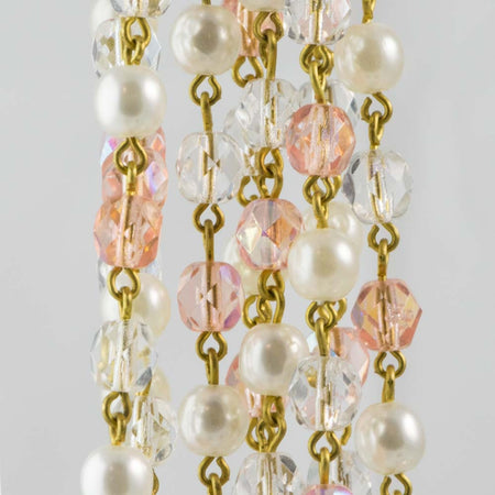 White Pearl Pink Faceted Czech Glass Beaded Chain Raw Brass Links chn128
