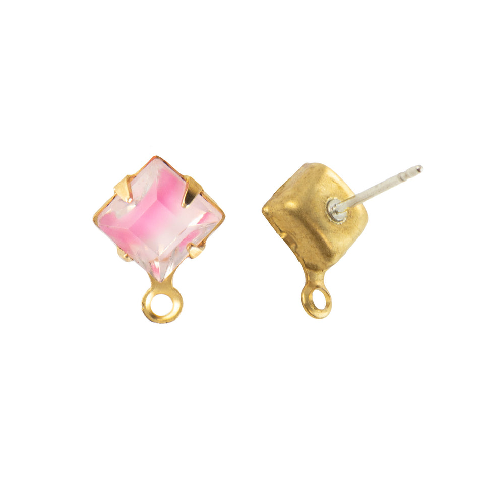 6mm Pink Givre Faceted Glass Square Stone in 1 Loop Setting with Post