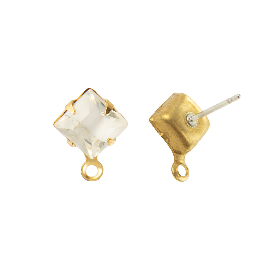 6mm White Givre Faceted Glass Square Stone in 1 Loop Setting with Post