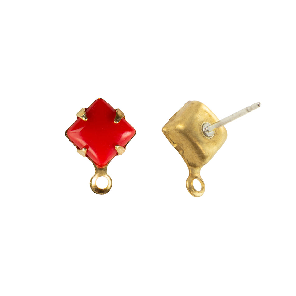 6mm Red Glass Square Stone in 1 Loop Setting with Post