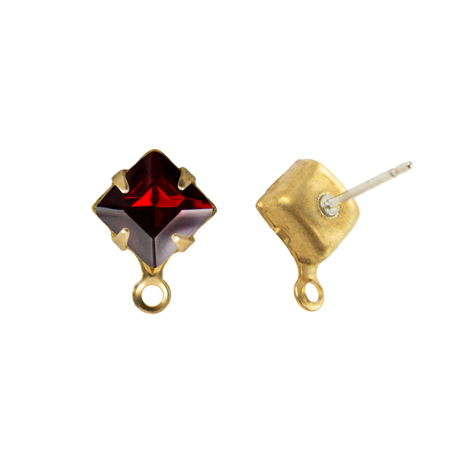6mm Siam Ruby Faceted Glass Square Stone in 1 Loop Setting with Post